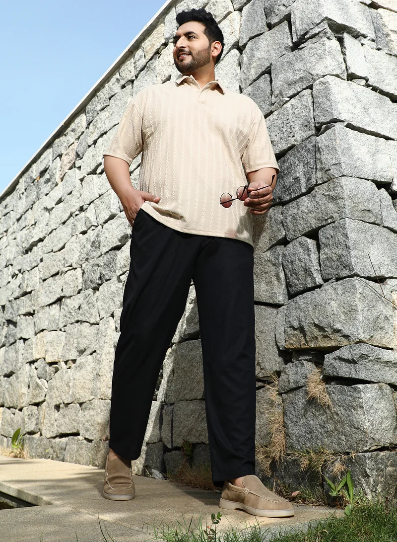 Instafab Plus Instafab Plus Men's Midnight Black Tactile-Pleated Chino Trousers For Casual Wear | Mid-Rise | Regular Fit | Drawstring Closure | Plus Size Trousers Crafted With Comfort Fit For Everyday Wear