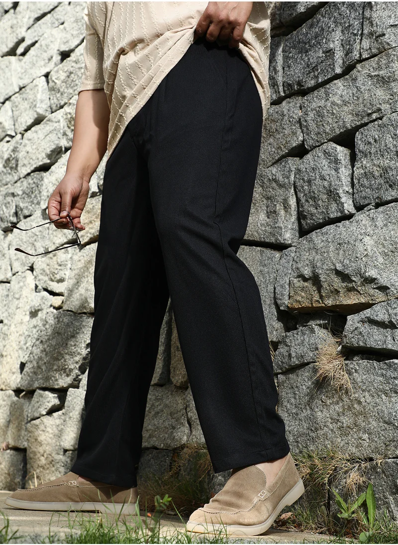 Instafab Plus Instafab Plus Men's Midnight Black Tactile-Pleated Chino Trousers For Casual Wear | Mid-Rise | Regular Fit | Drawstring Closure | Plus Size Trousers Crafted With Comfort Fit For Everyday Wear