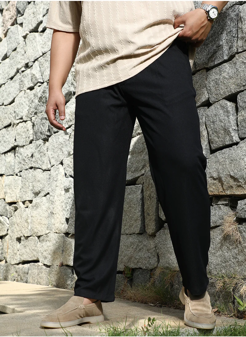 Instafab Plus Instafab Plus Men's Midnight Black Tactile-Pleated Chino Trousers For Casual Wear | Mid-Rise | Regular Fit | Drawstring Closure | Plus Size Trousers Crafted With Comfort Fit For Everyday Wear