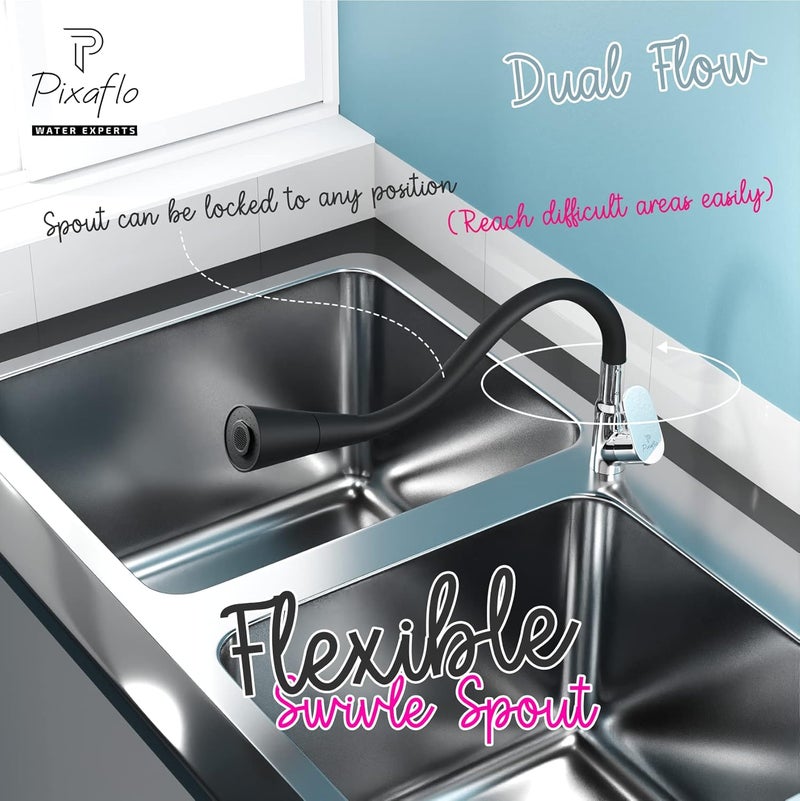 Pixaflo Brass Swan Neck Tap with 360degree Swivel Black Flexible Silicone Swivel Spout for Kitchen Sink and Wash Basin Dual Flow Koroit - Image 3