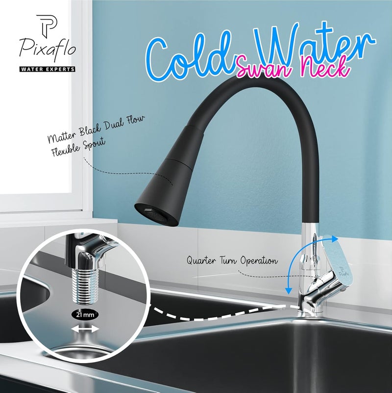 Pixaflo Brass Swan Neck Tap with 360degree Swivel Black Flexible Silicone Swivel Spout for Kitchen Sink and Wash Basin Dual Flow Koroit - Image 4