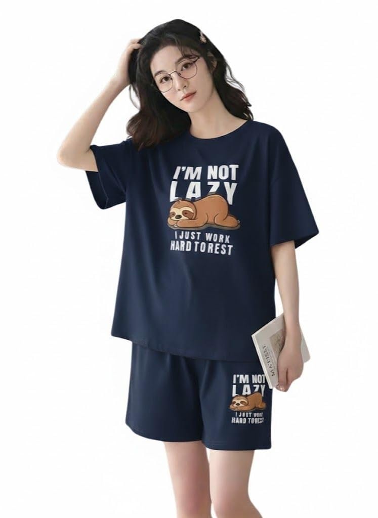 SMOWKLY Women Cotton Blend Night Suit | Short Night Dress Set for Women | Soft Printed T-Shirt & Shorts Pajama Set | Comfortable Summer Nightwear for Ladies & Girls(1597_NBL_M) Dark Blue - Image 5