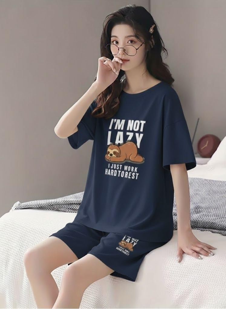 SMOWKLY Women Cotton Blend Night Suit | Short Night Dress Set for Women | Soft Printed T-Shirt & Shorts Pajama Set | Comfortable Summer Nightwear for Ladies & Girls(1597_NBL_M) Dark Blue - Image 4