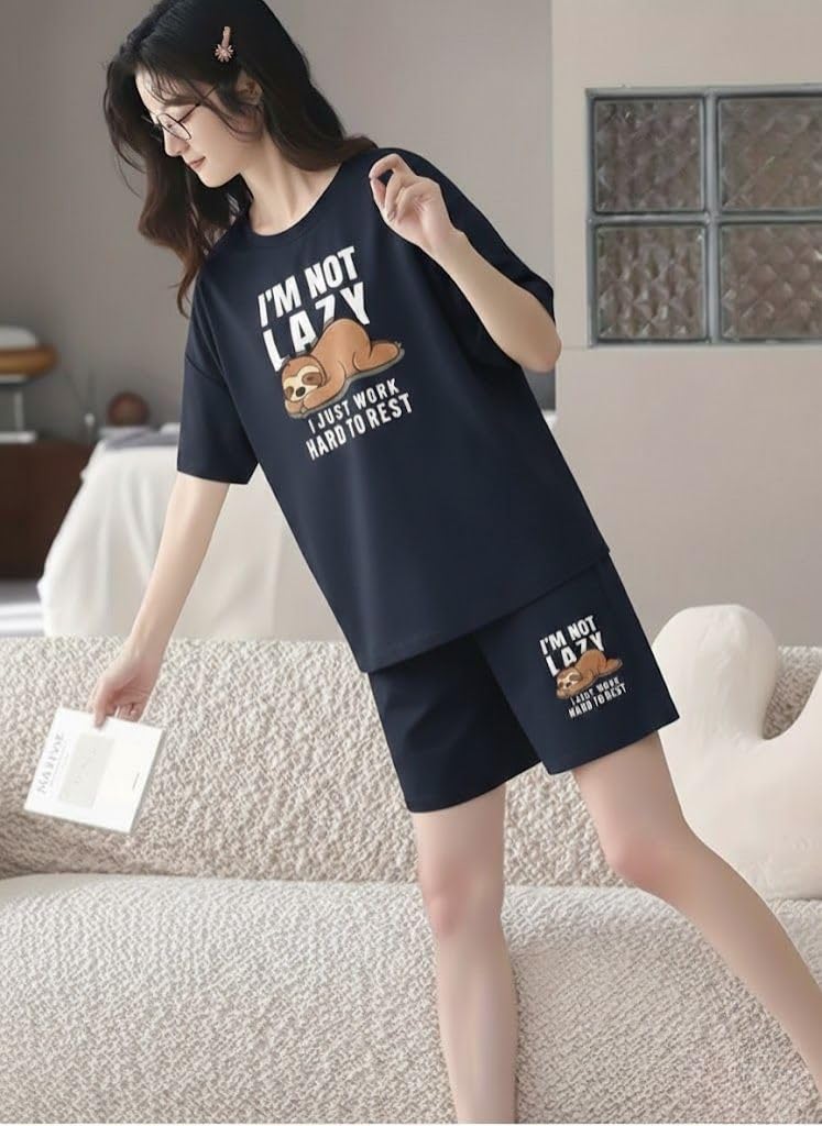 SMOWKLY Women Cotton Blend Night Suit | Short Night Dress Set for Women | Soft Printed T-Shirt & Shorts Pajama Set | Comfortable Summer Nightwear for Ladies & Girls(1597_NBL_M) Dark Blue - Image 3