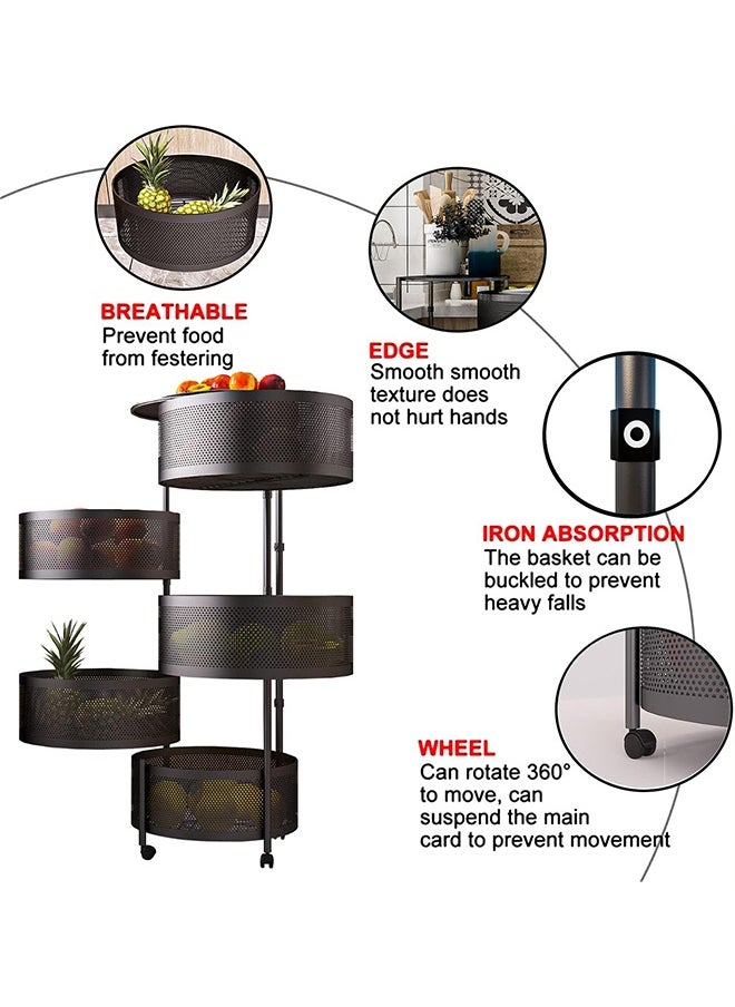 Cady One 5-Tier Revolving Kitchen Organizer, Metal Round Kitchen Storage Rack for Organizing Vegetables and Kitchen Tools, Multipurpose Mesh Home Storage Basket with Wheels, Black  - Image 3