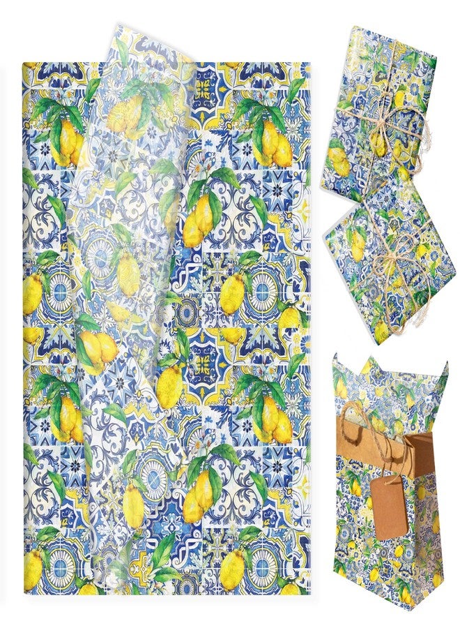 MOZUI 50 Sheets Lemon Pattern Tissue Paper, Summer Fruit Gift Wrapping Papers, Lemon Blue and White Porcelain Design for Bouquet Flower Wrapping, Candy Bag Fillers,Packaging Paper, Gift Boxes, 20 x 14 Inch - Image 1