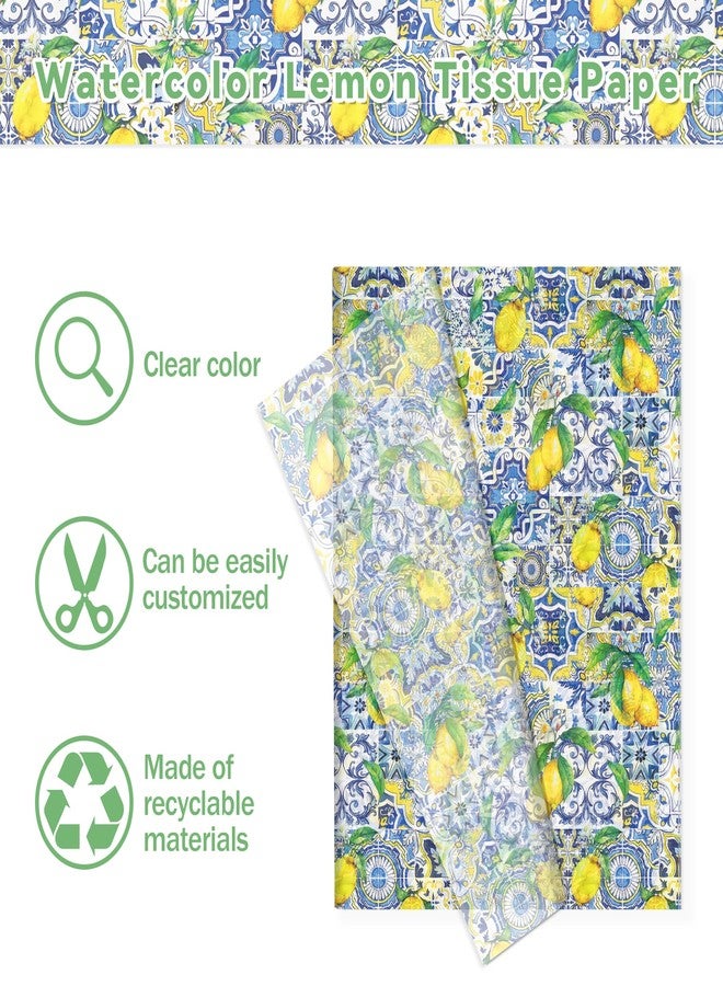 MOZUI 50 Sheets Lemon Pattern Tissue Paper, Summer Fruit Gift Wrapping Papers, Lemon Blue and White Porcelain Design for Bouquet Flower Wrapping, Candy Bag Fillers,Packaging Paper, Gift Boxes, 20 x 14 Inch - Image 2