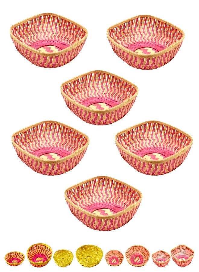 RED WIND Natural Bamboo Decorative Small Square Baskets – Pack of 6 (Pink & Brown, 18 x 18 x 6 cm) | Handwoven Bamboo Trays for Hampers, Festive Gifting, Home Decor, Storage & Return Gifts SML - Image 1