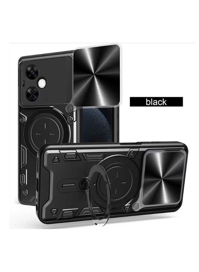 for realme C61 4G/ C63 4G Case, Slide Camera Lens Cover, Magnetic Ring Holder Kickstand Protective Phone Case for realme C61 4G/ C63 4G, Black - Image 1