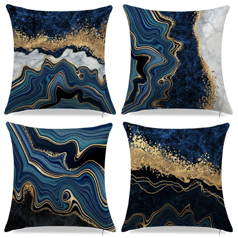 Blue and Gold Throw Pillows Covers Decorative Gold and Blue Abstract Marble Pillow Covers 18 x 18 Blue and Gold Cushion Covers Sofa Living Room Couch Home Decor Pillowcase Set of 4