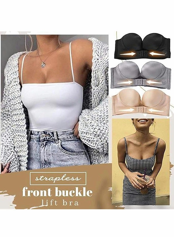 KASTWAVE Women Strapless Front Buckle Lift Bra, Girl Push Up Adjustable Breathable Bra Invisible Wirefree Bra, Women Bandeau Bra Padded Strapless Bralette Top Bra - Image 4
