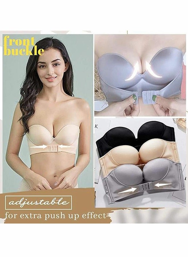 KASTWAVE Women Strapless Front Buckle Lift Bra, Girl Push Up Adjustable Breathable Bra Invisible Wirefree Bra, Women Bandeau Bra Padded Strapless Bralette Top Bra - Image 3