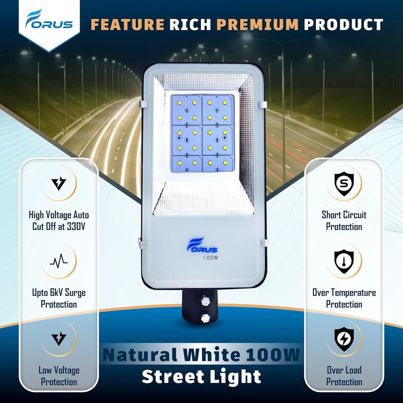 Forus 100W LED Street Light – Waterproof Outdoor Street Lamp, Natural White Energy-Saving High Lumen LED Road Light for Home, Garden, Parking, Pathways & Factory Lighting | 5-Year Warranty | 1 Pc - Image 2