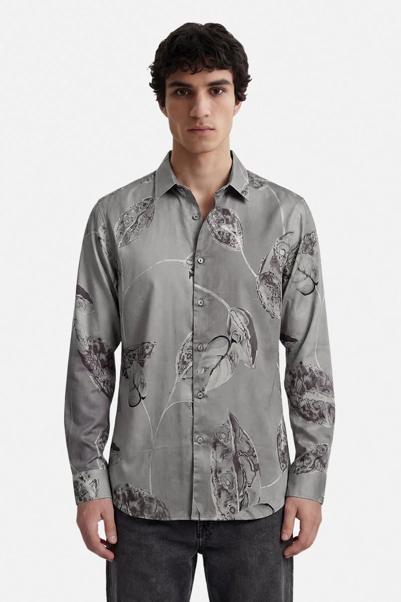 SNITCH Grey Floral Long Sleeve Slim Fit Shirt