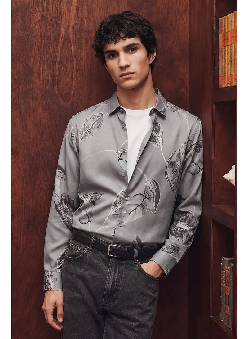 SNITCH Grey Floral Long Sleeve Slim Fit Shirt