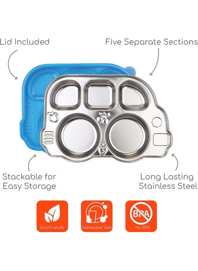 Innobaby Stainless Bus Plate with Sectional Lid, The Original, Leak-Resistant Divided Platter, Mom Invented Fun Shape Dish Din Din Smart for Babies, Toddlers and Kids, BPA Free Plate, Blue, 2 Pack - Image 2