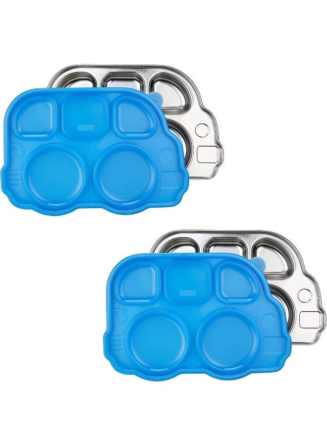 Innobaby Stainless Bus Plate with Sectional Lid, The Original, Leak-Resistant Divided Platter, Mom Invented Fun Shape Dish Din Din Smart for Babies, Toddlers and Kids, BPA Free Plate, Blue, 2 Pack - Image 1