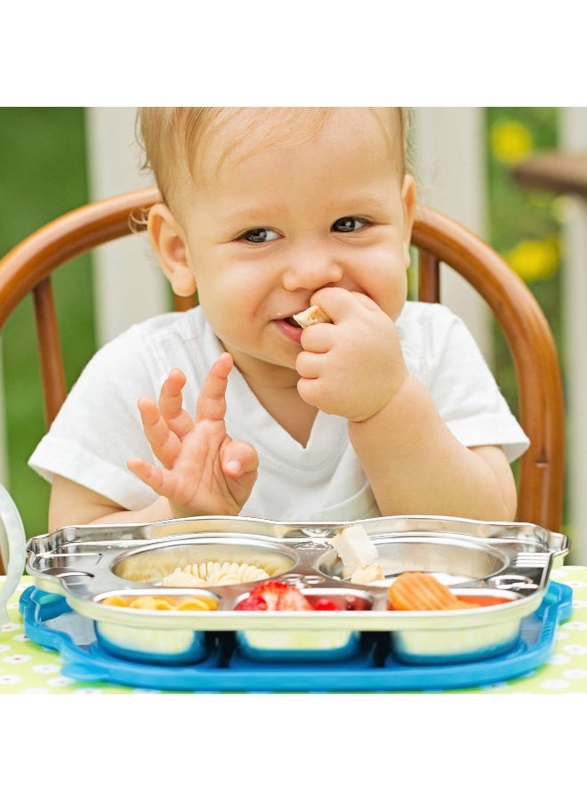 Innobaby Stainless Bus Plate with Sectional Lid, The Original, Leak-Resistant Divided Platter, Mom Invented Fun Shape Dish Din Din Smart for Babies, Toddlers and Kids, BPA Free Plate, Blue, 2 Pack - Image 4