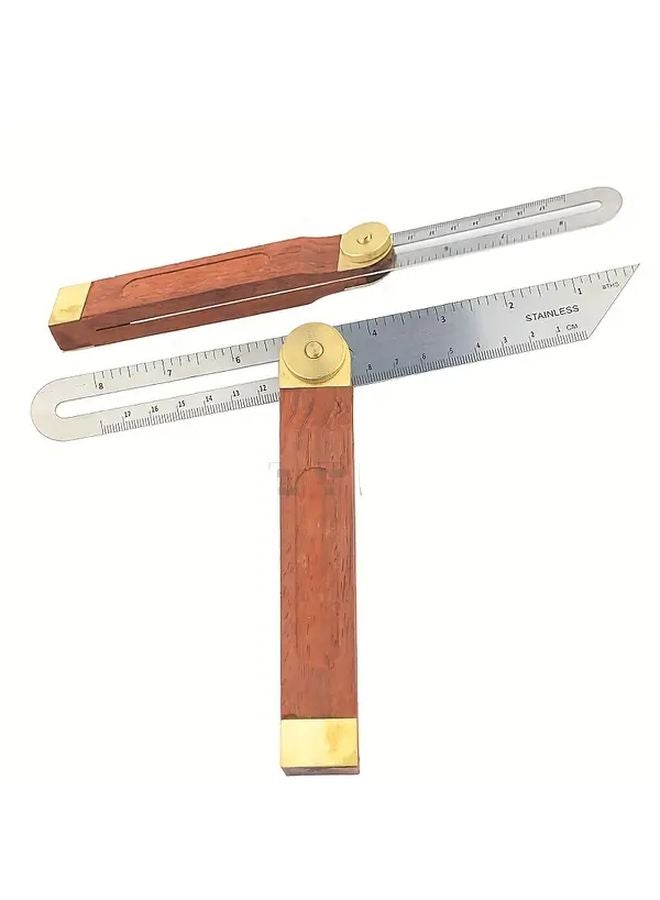 Red T Shaped Metal Angle Ruler Dual Scale Degrees Inches Wooden Handle Carpentry Tool - Image 2