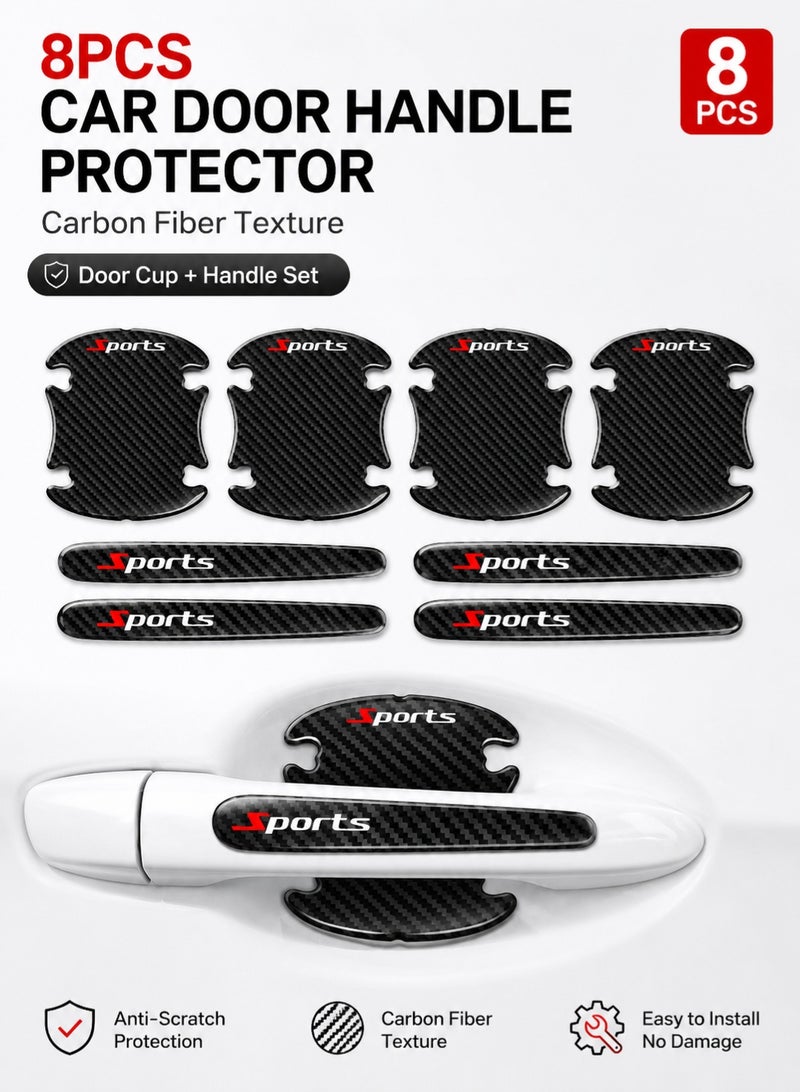 CAFELE 8PCS Car Door Handle Protector Set, Carbon Fiber Texture Door Cup & Handle Scratch Guard Stickers, Self-Adhesive Paint Protection Covers for Most Cars SUVs Trucks - Image 1