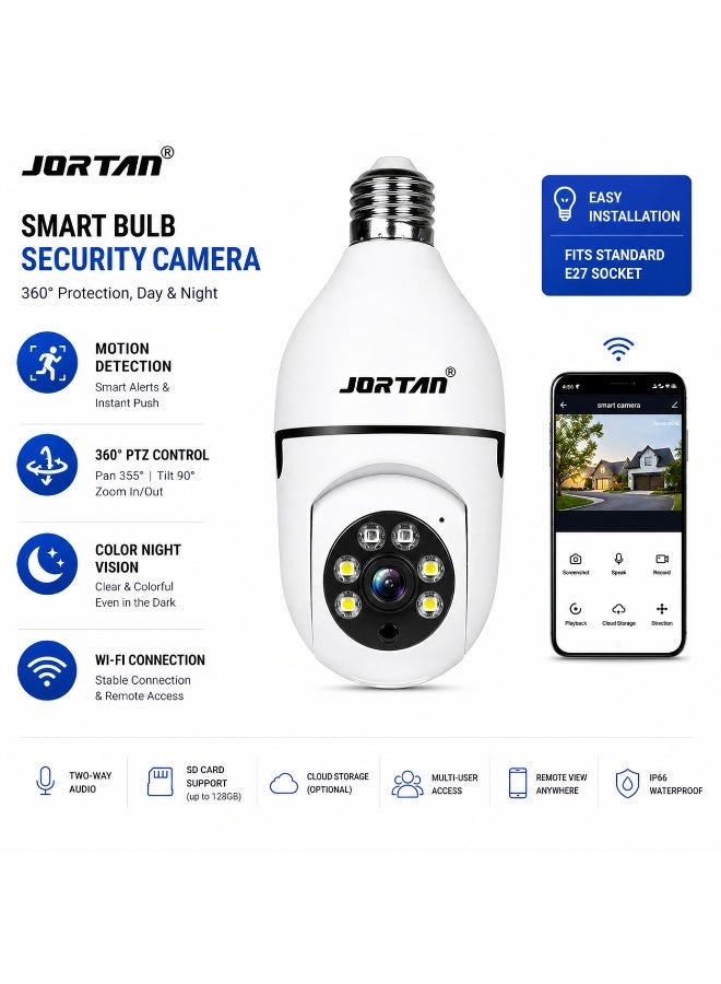 Jortan E27 2MP Light Bulb camera, Color Night Vision, Motion Detection, Two Way Talking, Built in Flash, HD Picture, PTZ Control - Image 1
