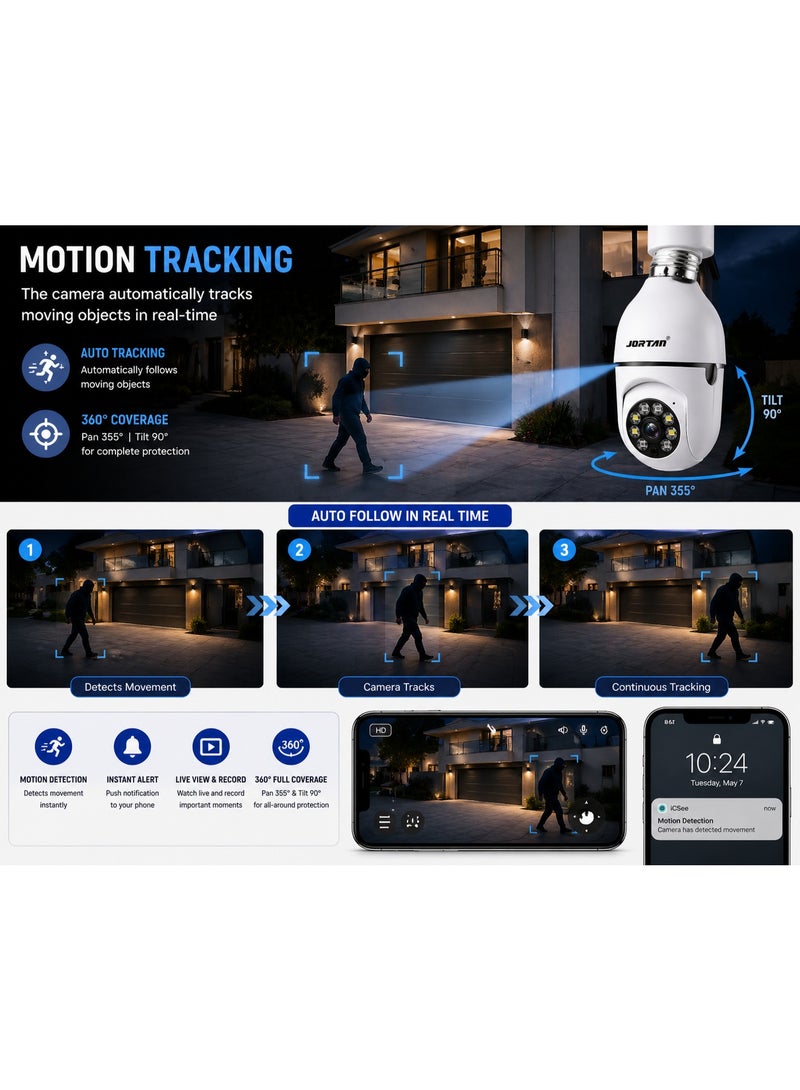 Jortan E27 2MP Light Bulb camera, Color Night Vision, Motion Detection, Two Way Talking, Built in Flash, HD Picture, PTZ Control - Image 4