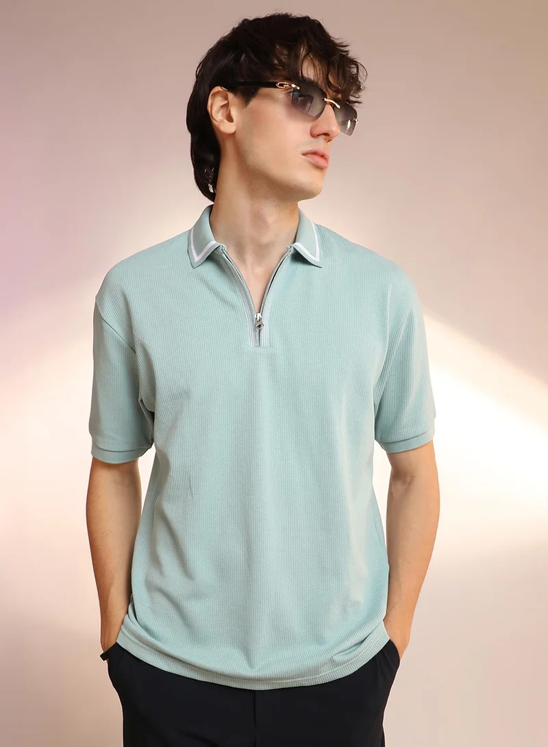 Men's Mint Green Micro-Waffle Polo T-Shirt