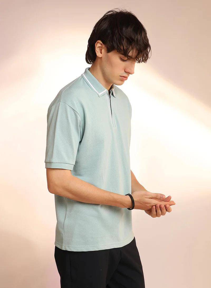 Campus Sutra Men's Mint Green Micro-Waffle Polo T-Shirt