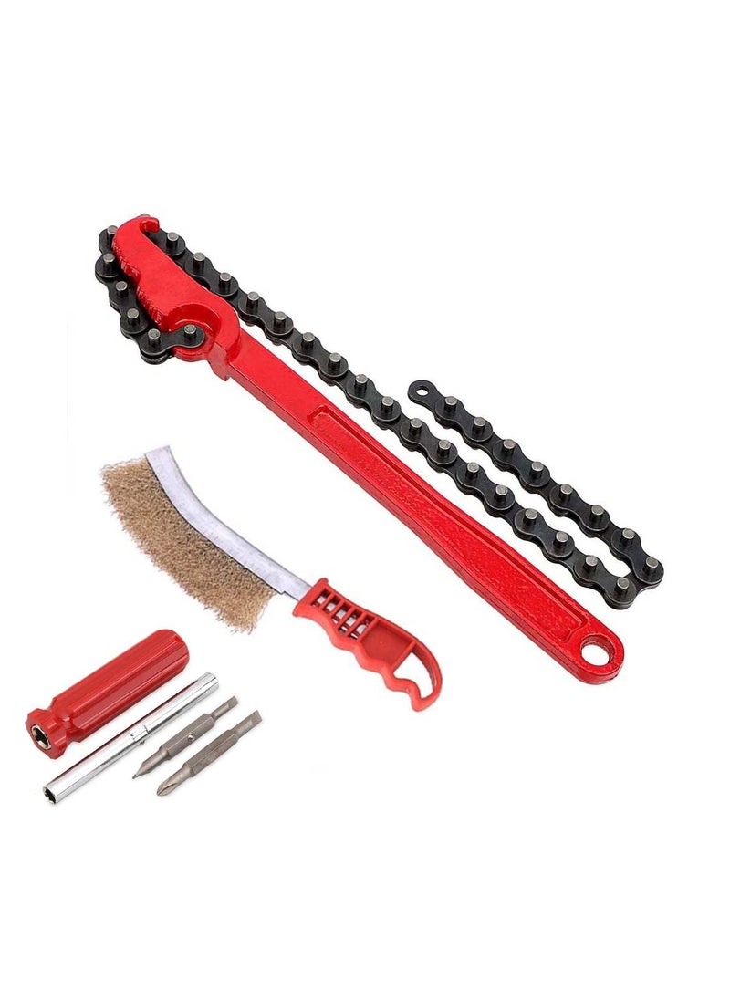 Digital Craft Digital Craft 3 Item Combo 9 Inch Chain Type Oil Filter Wrench Auto Tool Engine Box Spanner Oil Fuel Filter Wrench Removal Tools Remover With Chain Wrench Hand Brush 4in1 Screw Driver  - Image 1