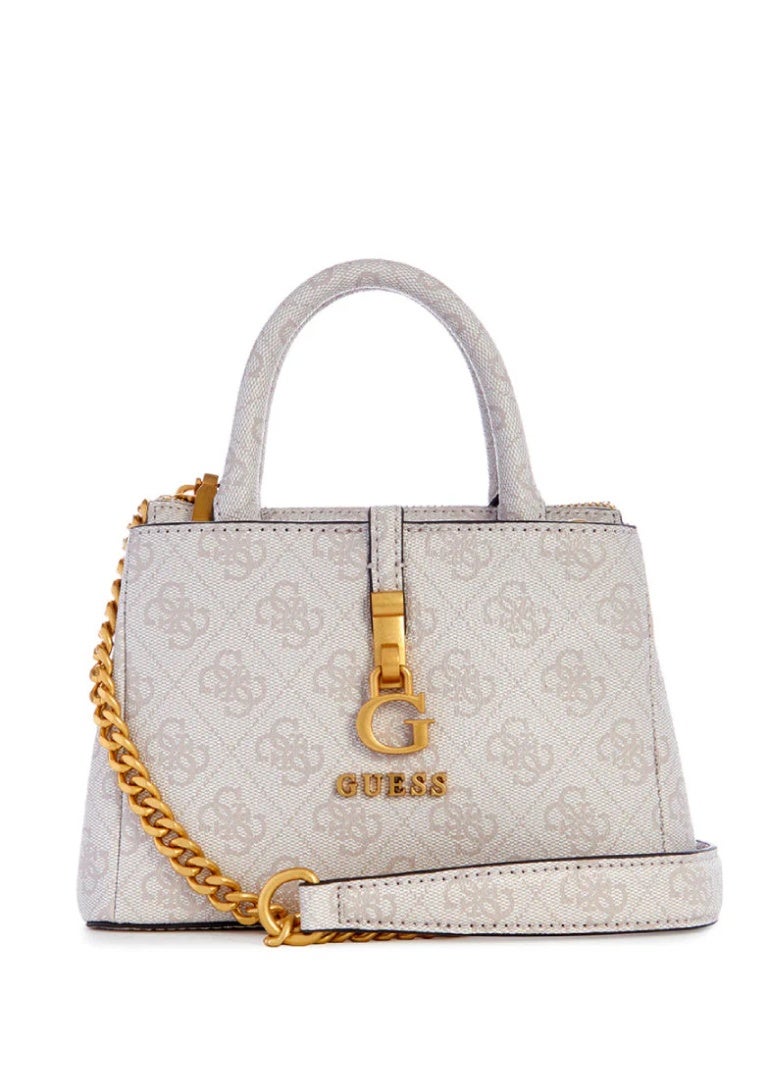 GUESS G James Logo Girlfriend Satchel Denim Logo Crossbody Bag White Pink - Image 1