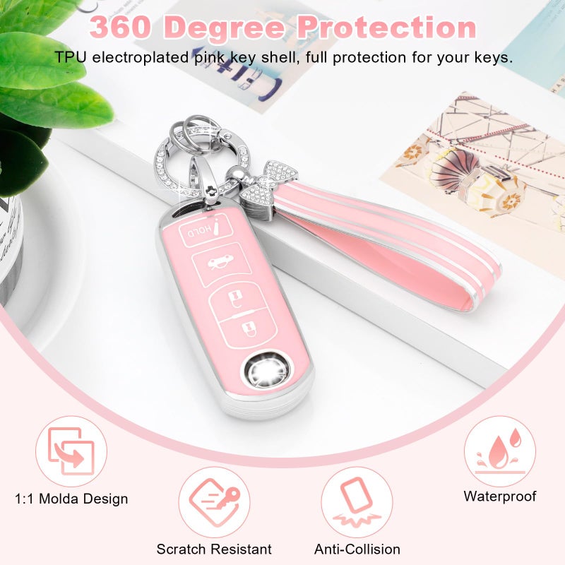 PIFOOG Key Fob Cover for Mazda 3 6 CX5 MX-5 Miata CX9 CX3 Accessories Pink 4 Button Car Keys Case Shell Protector Bling Keychain Ring Full Protection Girly Women Cute TPU - Image 3