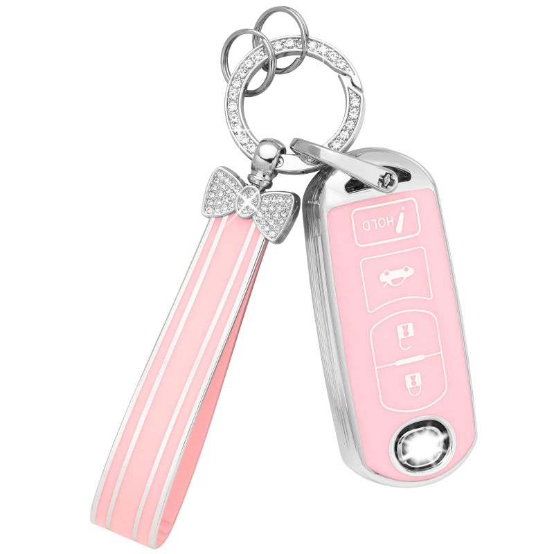 PIFOOG Key Fob Cover for Mazda 3 6 CX5 MX-5 Miata CX9 CX3 Accessories Pink 4 Button Car Keys Case Shell Protector Bling Keychain Ring Full Protection Girly Women Cute TPU - Image 1