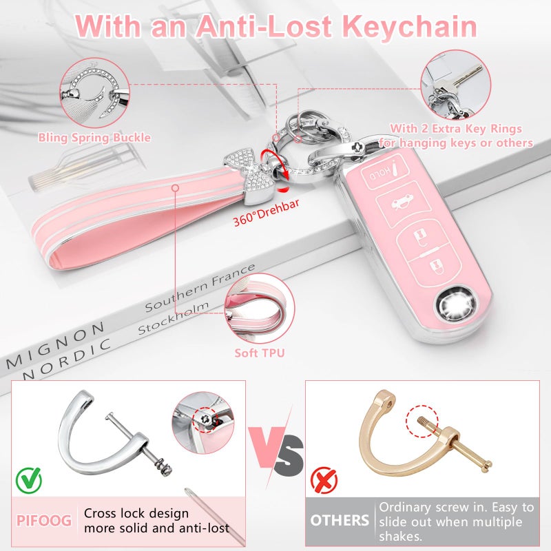 PIFOOG Key Fob Cover for Mazda 3 6 CX5 MX-5 Miata CX9 CX3 Accessories Pink 4 Button Car Keys Case Shell Protector Bling Keychain Ring Full Protection Girly Women Cute TPU - Image 4