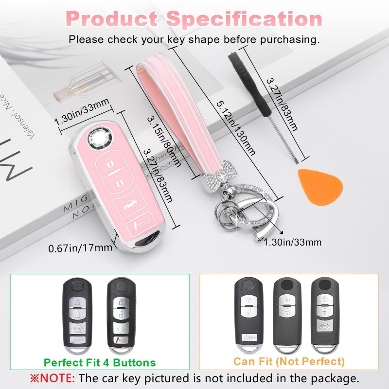 PIFOOG Key Fob Cover for Mazda 3 6 CX5 MX-5 Miata CX9 CX3 Accessories Pink 4 Button Car Keys Case Shell Protector Bling Keychain Ring Full Protection Girly Women Cute TPU - Image 2