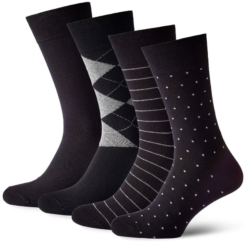 Duna Black Dress Socks for Men â€“ Cotton Crew Mid Calf Pattern â€“ Breathable Lightweight Thin Design Seamless Toe 4 Pack (US, Numeric, 10, 13, Regular, Regular) - Image 1