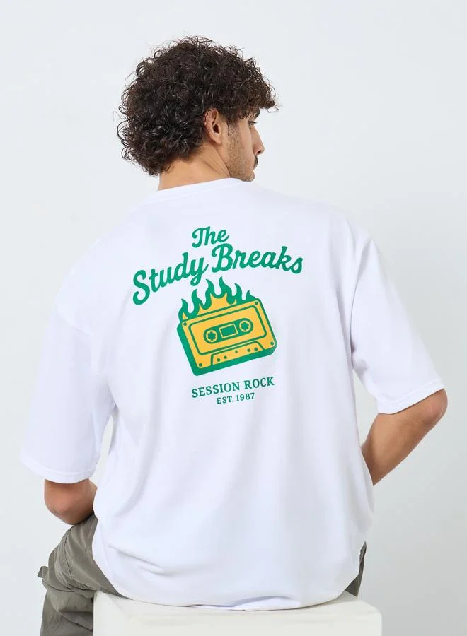 Styli Styli Men White Front Chest and Back Print Oversized Terry T-Shirt