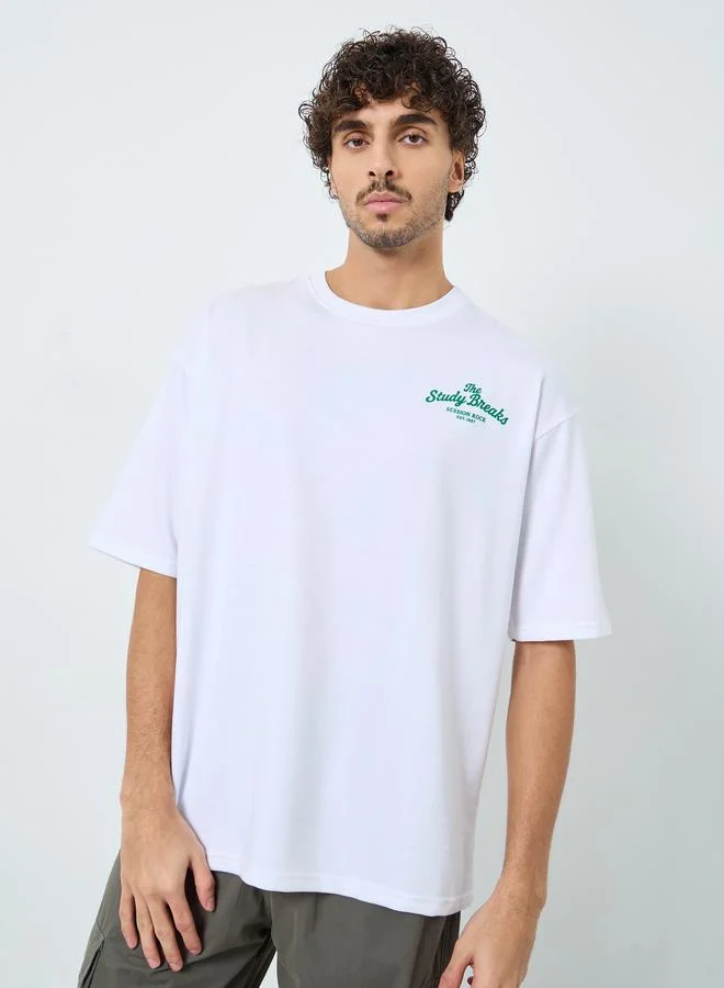 Styli Styli Men White Front Chest and Back Print Oversized Terry T-Shirt