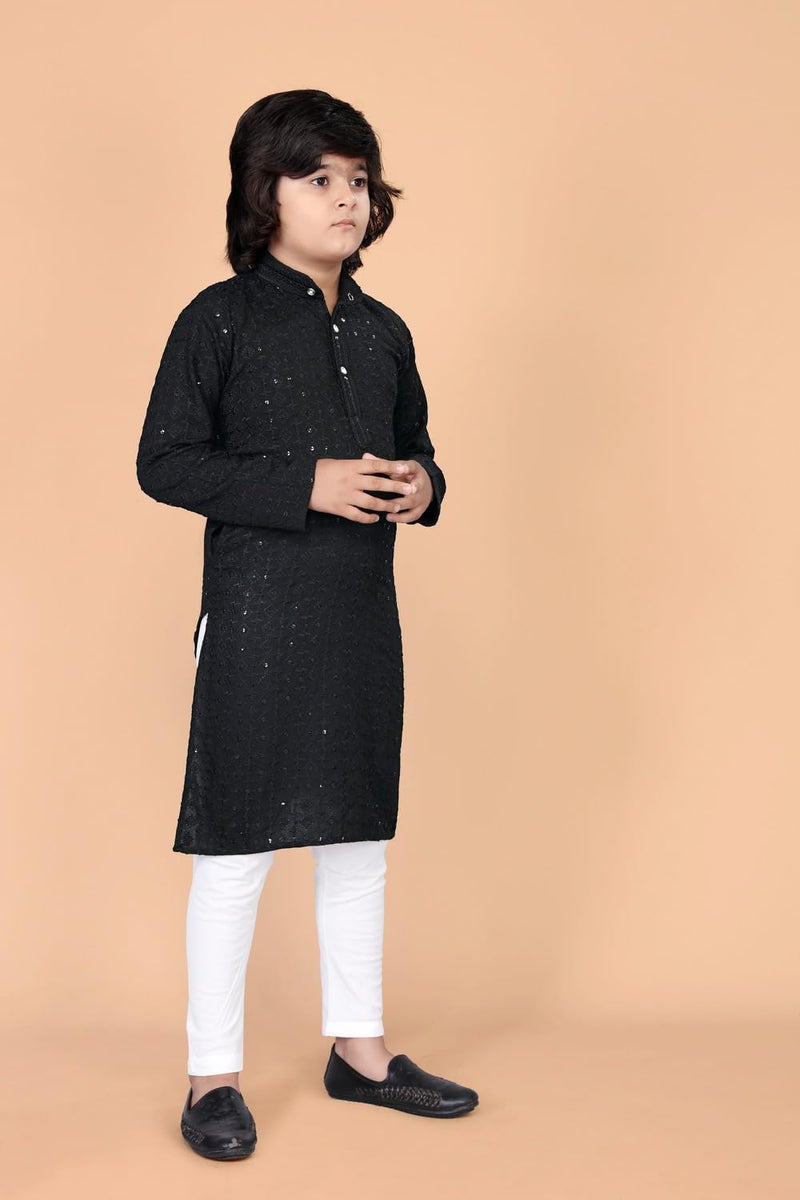 FEBVIBE Boys Chikankari Embroidered Cotton Kurta and Pyjama Set |Mandarin Collar Kurta | Schifli Kurta Set Ideal for Wearing Wedding, Diwali and Other Festival - Black (13-14 Years) - Image 3