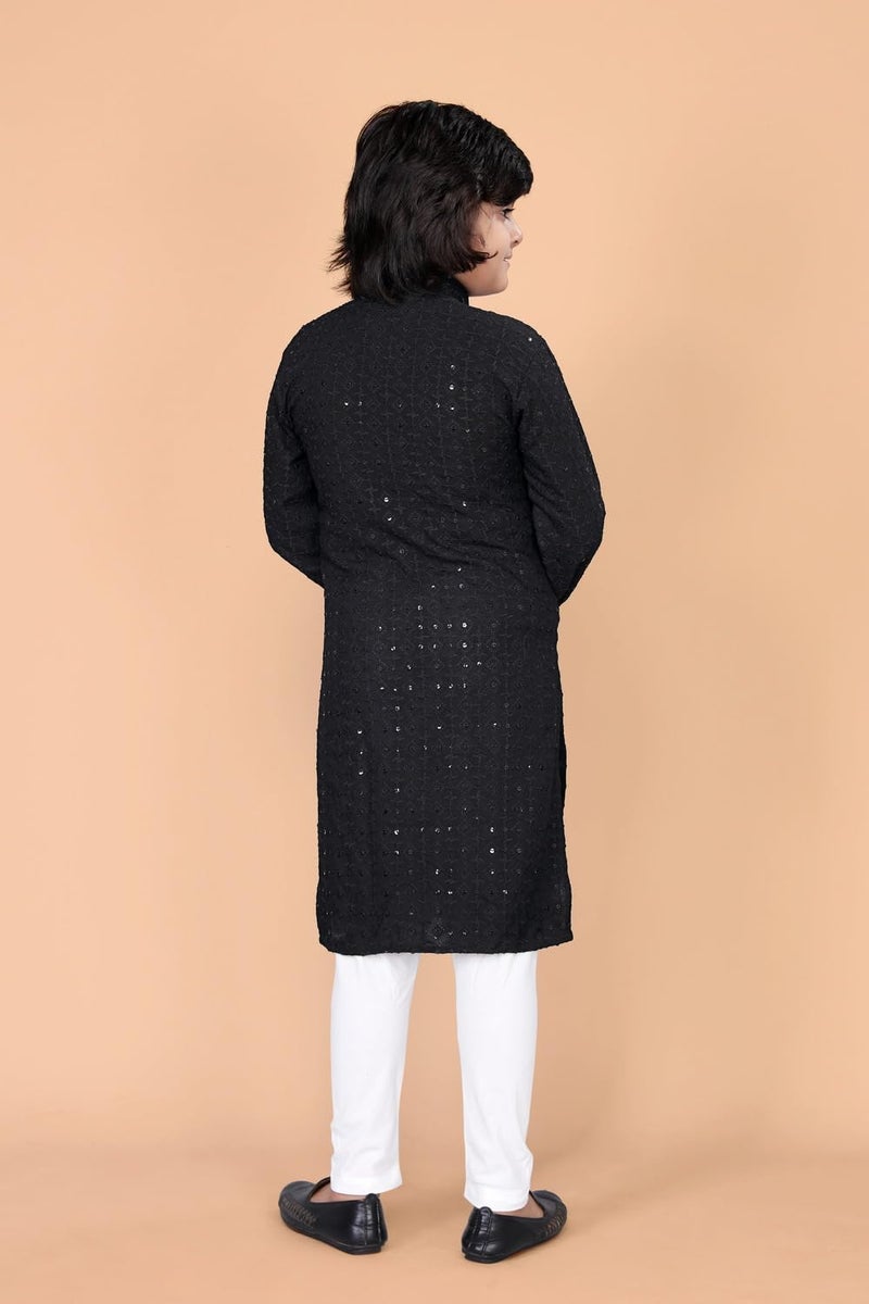 FEBVIBE Boys Chikankari Embroidered Cotton Kurta and Pyjama Set |Mandarin Collar Kurta | Schifli Kurta Set Ideal for Wearing Wedding, Diwali and Other Festival - Black (13-14 Years) - Image 4