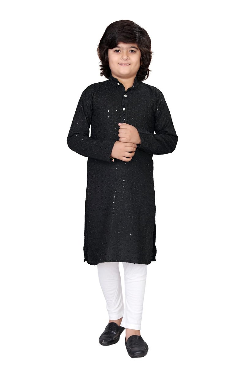FEBVIBE Boys Chikankari Embroidered Cotton Kurta and Pyjama Set |Mandarin Collar Kurta | Schifli Kurta Set Ideal for Wearing Wedding, Diwali and Other Festival - Black (13-14 Years) - Image 1