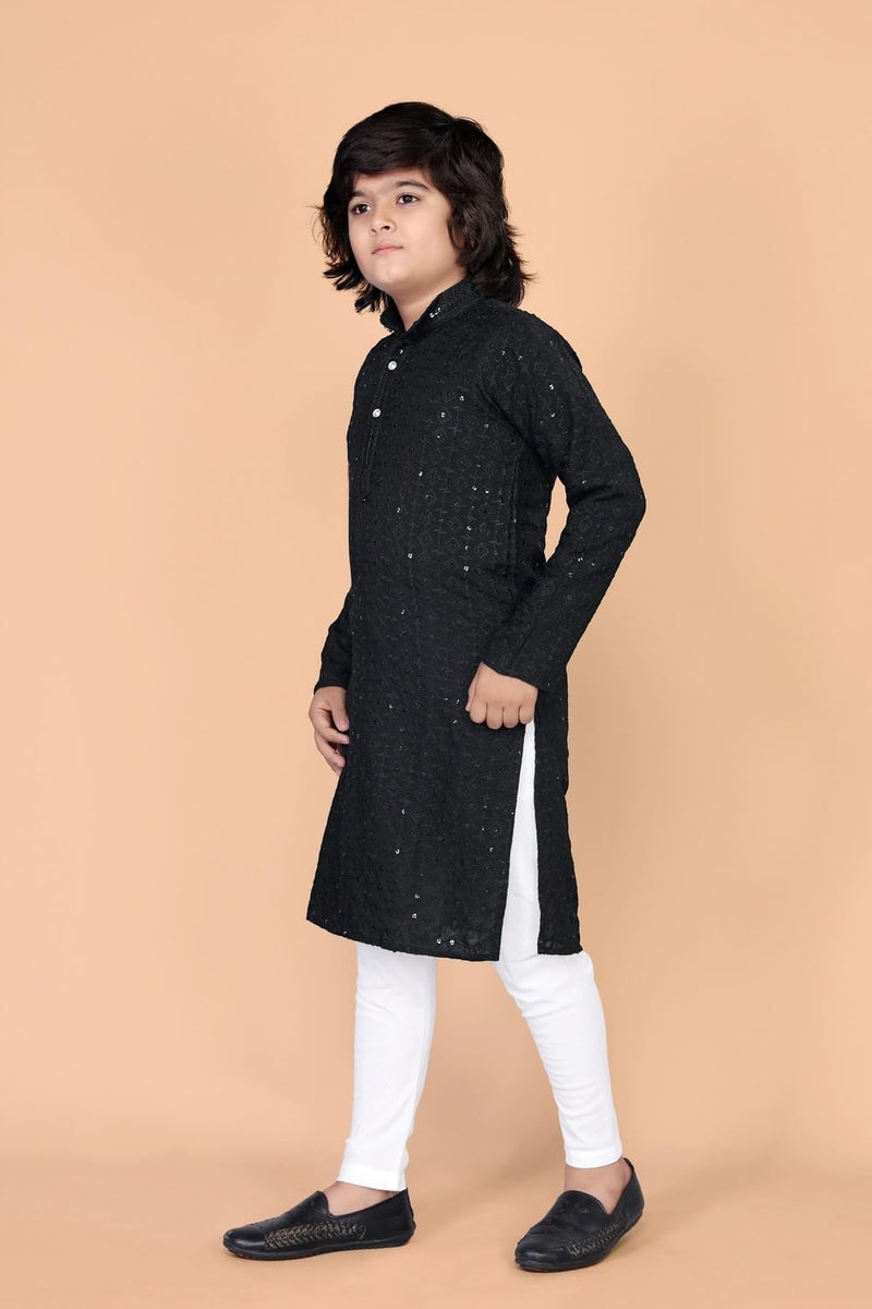 FEBVIBE Boys Chikankari Embroidered Cotton Kurta and Pyjama Set |Mandarin Collar Kurta | Schifli Kurta Set Ideal for Wearing Wedding, Diwali and Other Festival - Black (13-14 Years) - Image 2