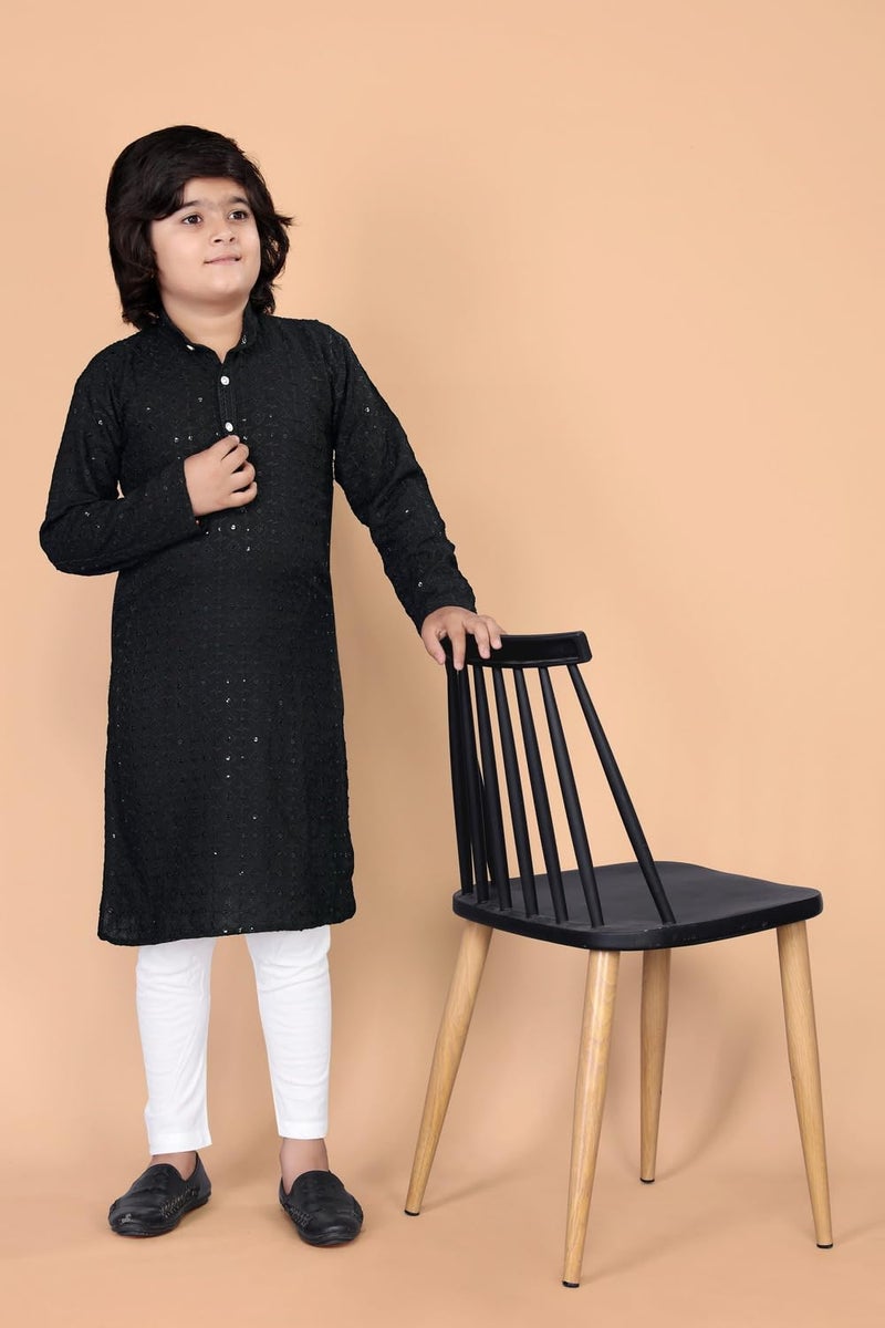 FEBVIBE Boys Chikankari Embroidered Cotton Kurta and Pyjama Set |Mandarin Collar Kurta | Schifli Kurta Set Ideal for Wearing Wedding, Diwali and Other Festival - Black (13-14 Years) - Image 5