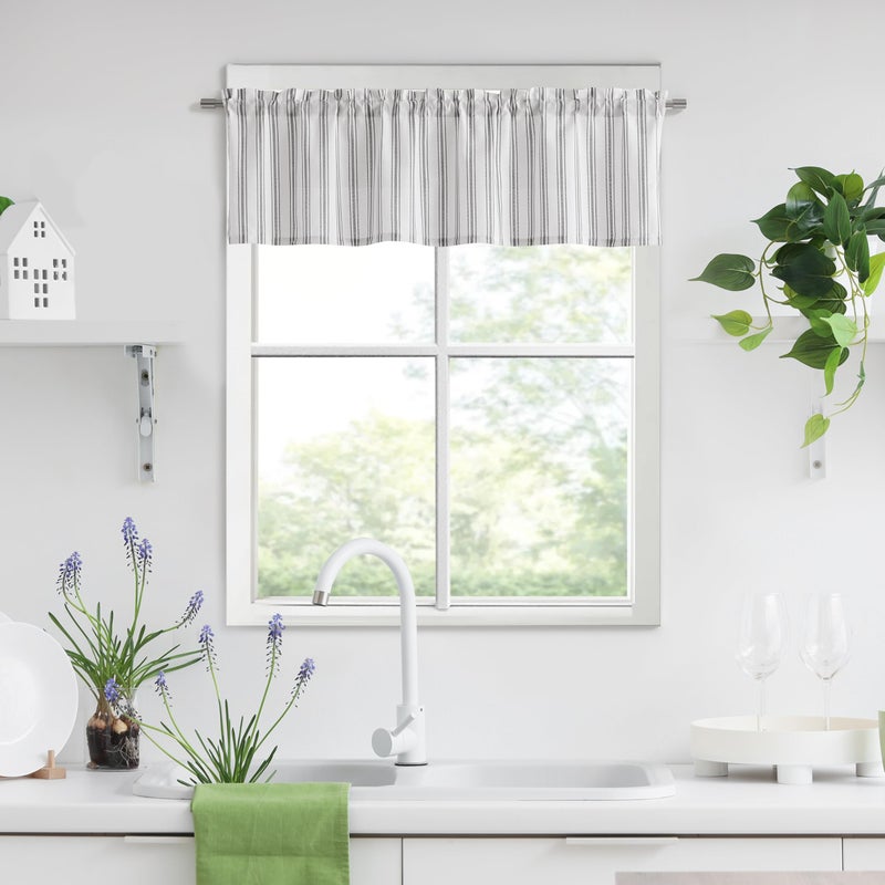 ZJDECOR Stripe Kitchen Window Valances,Black Stripes on White Cotton Blended Light Filtering Fabric,Farmhouse Window Treatment,Rod Pocket Top,55" Wx15 L(Pack of 1) - Image 1