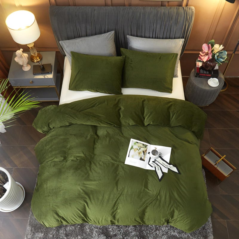 Ivellow Velvet Flannel Duvet Cover King Size Olive Green Comforter Cover Ultra Soft Breathable Cozy Velour Duvet Cover Solid Luxury Bedding Set Zipper Closure Corner Ties - Image 2