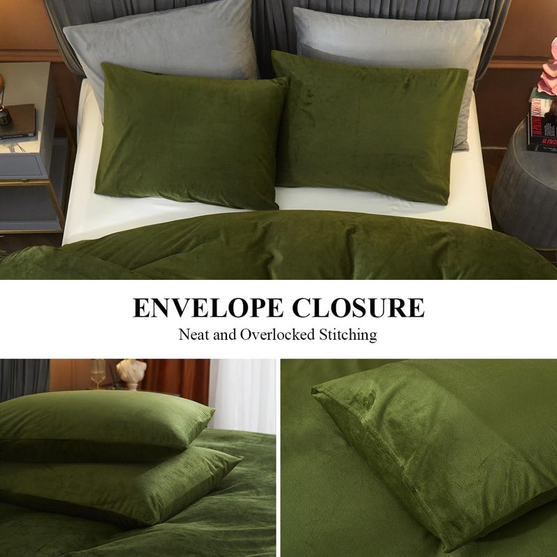 Ivellow Velvet Flannel Duvet Cover King Size Olive Green Comforter Cover Ultra Soft Breathable Cozy Velour Duvet Cover Solid Luxury Bedding Set Zipper Closure Corner Ties - Image 4