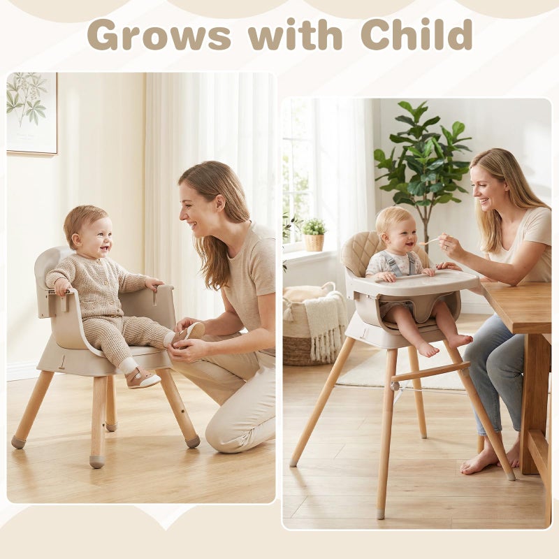 INFANS Baby High Chair, 6 in 1 Wooden Convertible Highchair for Babies and Toddlers, Infant Dining Booster Seat Kids Stool with Adjustable Removable Tray (Beige) - Image 2