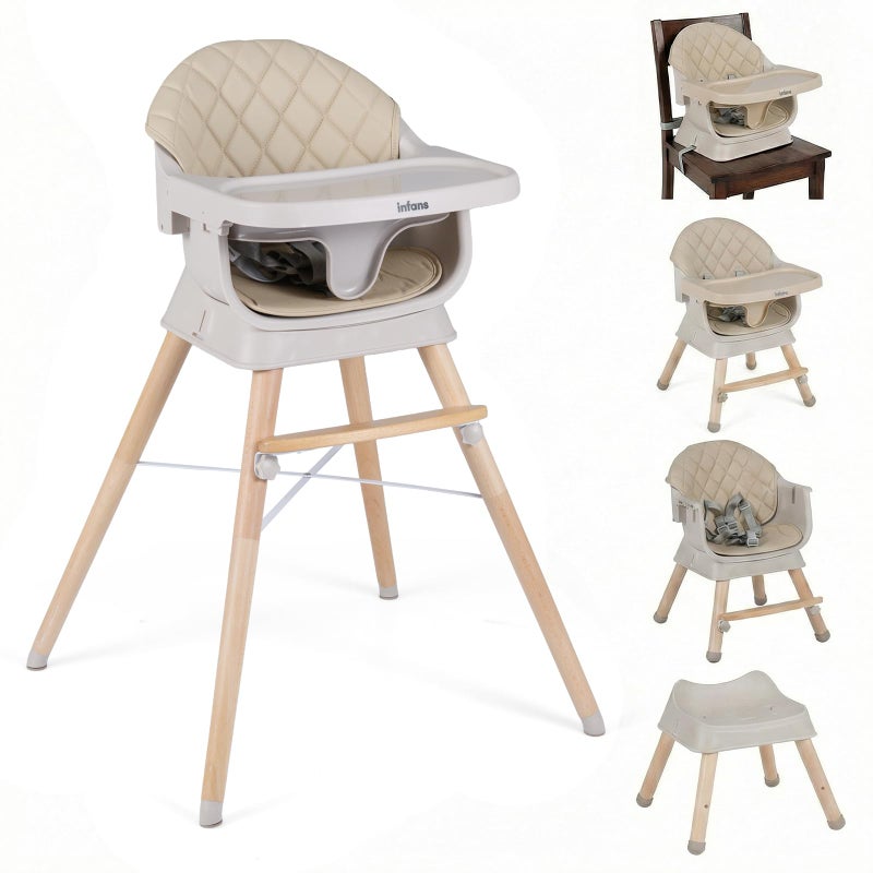 INFANS Baby High Chair, 6 in 1 Wooden Convertible Highchair for Babies and Toddlers, Infant Dining Booster Seat Kids Stool with Adjustable Removable Tray (Beige) - Image 1