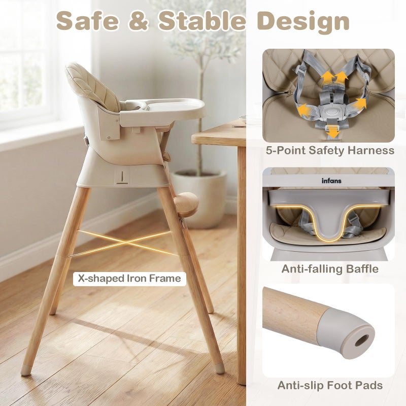 INFANS Baby High Chair, 6 in 1 Wooden Convertible Highchair for Babies and Toddlers, Infant Dining Booster Seat Kids Stool with Adjustable Removable Tray (Beige) - Image 4