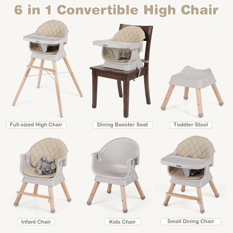 INFANS Baby High Chair, 6 in 1 Wooden Convertible Highchair for Babies and Toddlers, Infant Dining Booster Seat Kids Stool with Adjustable Removable Tray (Beige) - Image 3