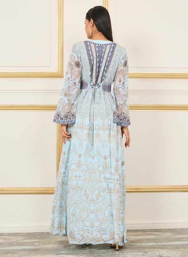 Take Two Rhinestone Detail Digital Print Belted Jalabiya - Image 4